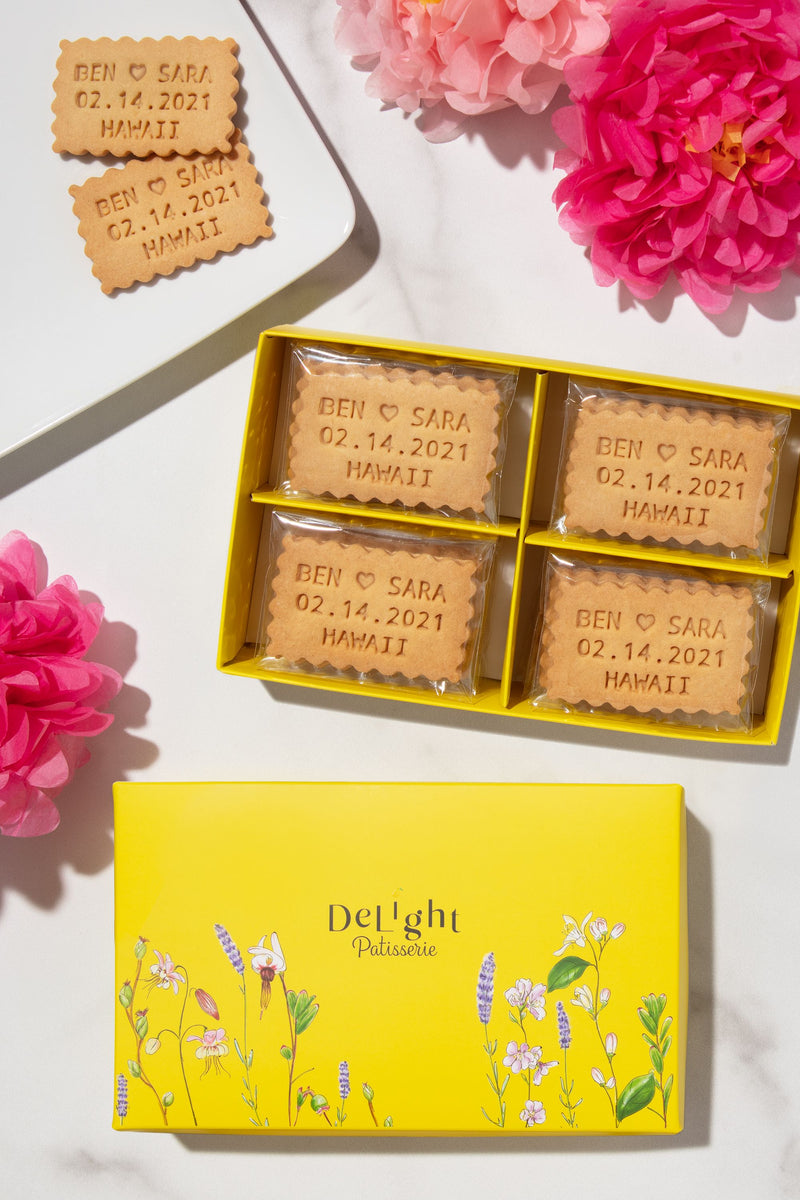 personalized shortbread cookies in elegant yellow floral gift box for wedding gift, engagement party gift, anniversary gift