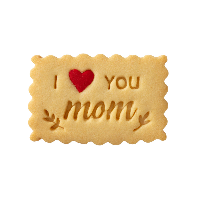 I LOVE YOU MOM shortbread cookie with a red sugar sprinkle for mother's day gift
