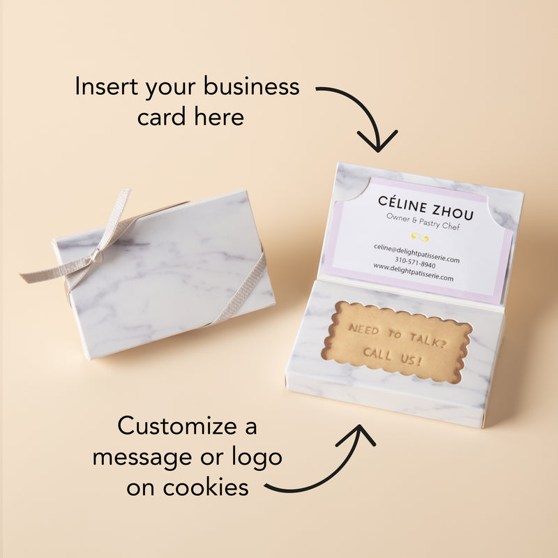 Custom shortbread business cookie box - marble gift box with business card slot and personalized message cookie for corporate networking
