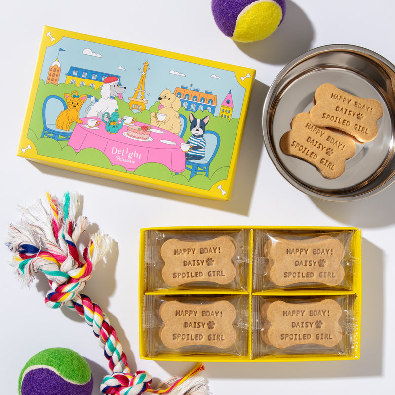 Personalized dog biscuits with custom happy birthday message in Parisian gift box, , individually wrapped