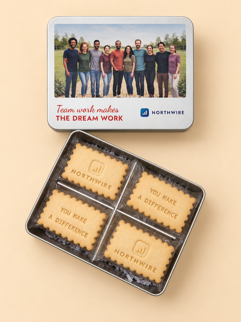 Custom cookie tin featuring a team photo, filled with personalized logo shortbread and cookies stamped “YOU MAKE A DIFFERENCE”—a team appreciation thank-you gift for employees.
