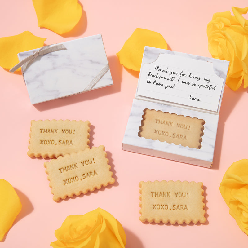 Custom shortbread cookie card for bridesmaid thank you gift in marble box