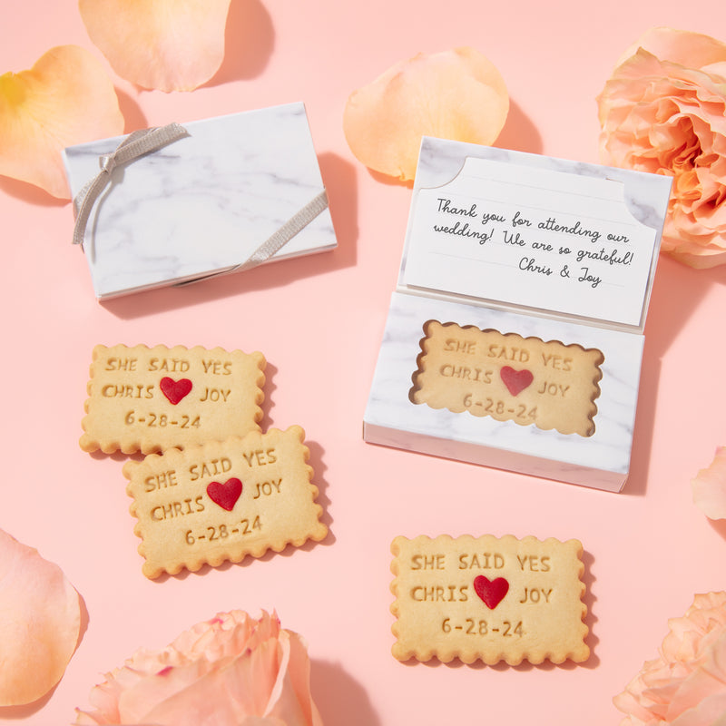 Wedding shortbread cookie card with custom engagement message and date 