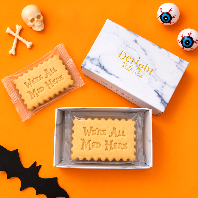 Halloween mini shortbread cookie gift box with a marble pattern and gold lettering, filled with buttery cookies stamped “We’re All Mad Here.”