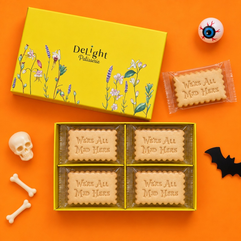 Halloween shortbread cookie gift box featuring 16 cookies stamped “We’re All Mad Here,” wrapped in pairs in a yellow floral gift box.