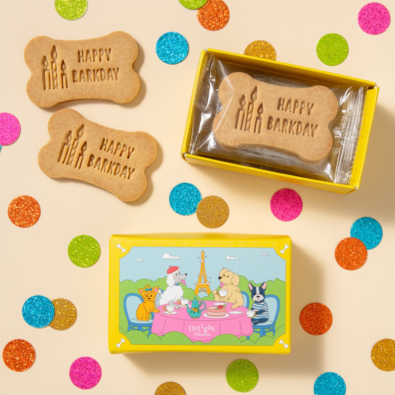 HAPPY BARKDAY dog biscuit gift box - 6 birthday treats stamped with celebration message for dogs and dog lovers