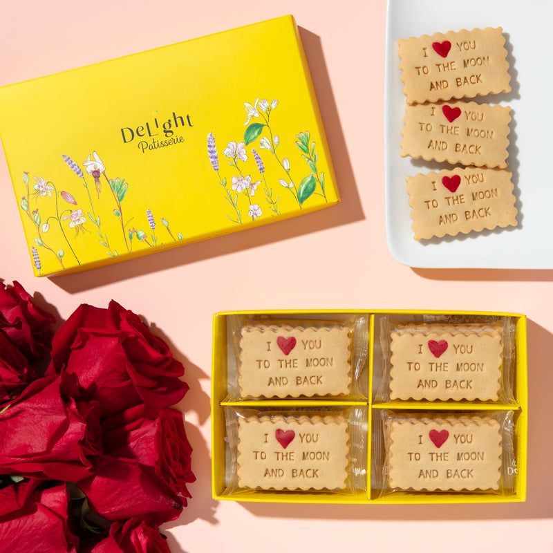 Love You To The Moon shortbread cookie gift box with 16 stamped cookies for Valentine's Day and anniversaries