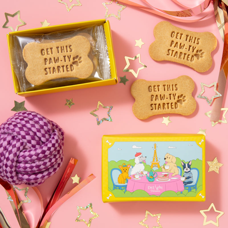 LET'S PAWTY dog biscuit gift box - 6 festive treats stamped with party message for dog lovers