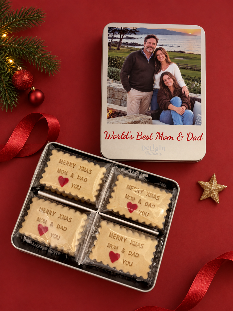 Personalized Christmas Cookie Tin with a family picture and words WORLD'S BEST MOM & DAD, with custom message shortbread cookies in the cookiw tin.