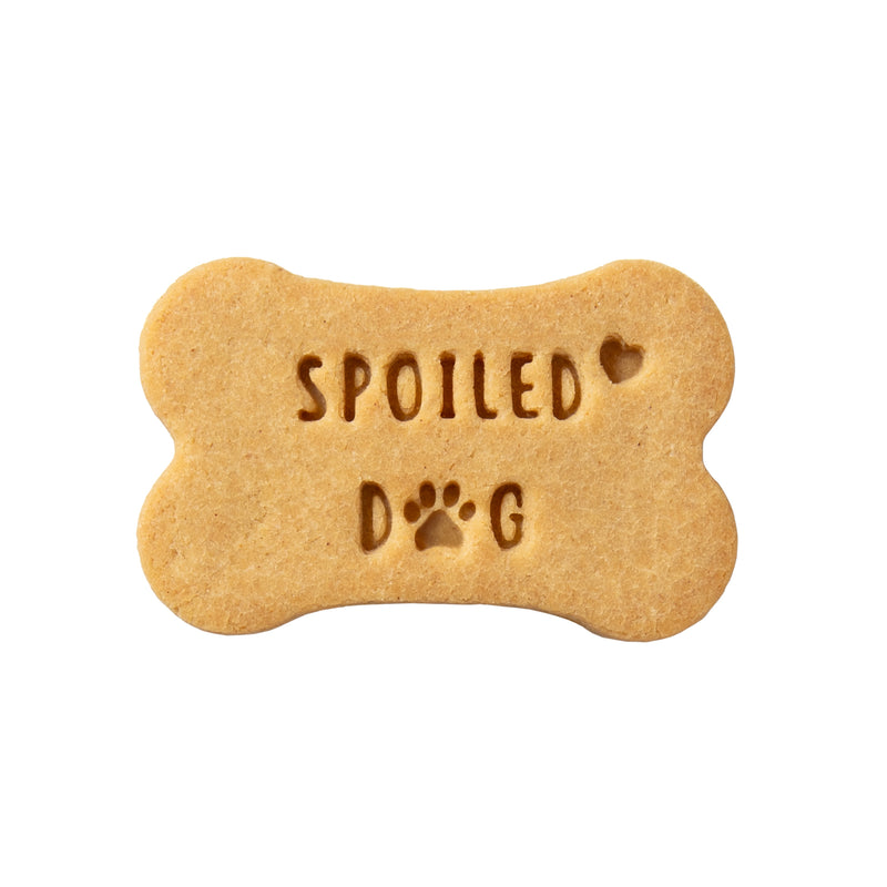 Personalized bone-shaped dog biscuit with custom "Spoiled Dog" message and paw emoji - human-grade dog treat