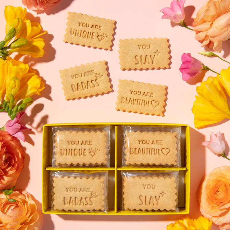 Uniquely You Shortbread Box with inspirational message cookies - self-love gift for women