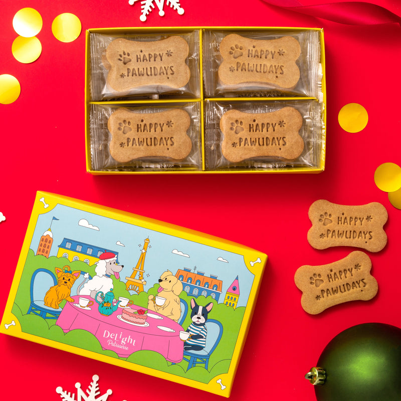 HAPPY PAWLIDAYS dog biscuit gift box - 12 festive treats with snowflake and paw print details for dogs and dog lovers