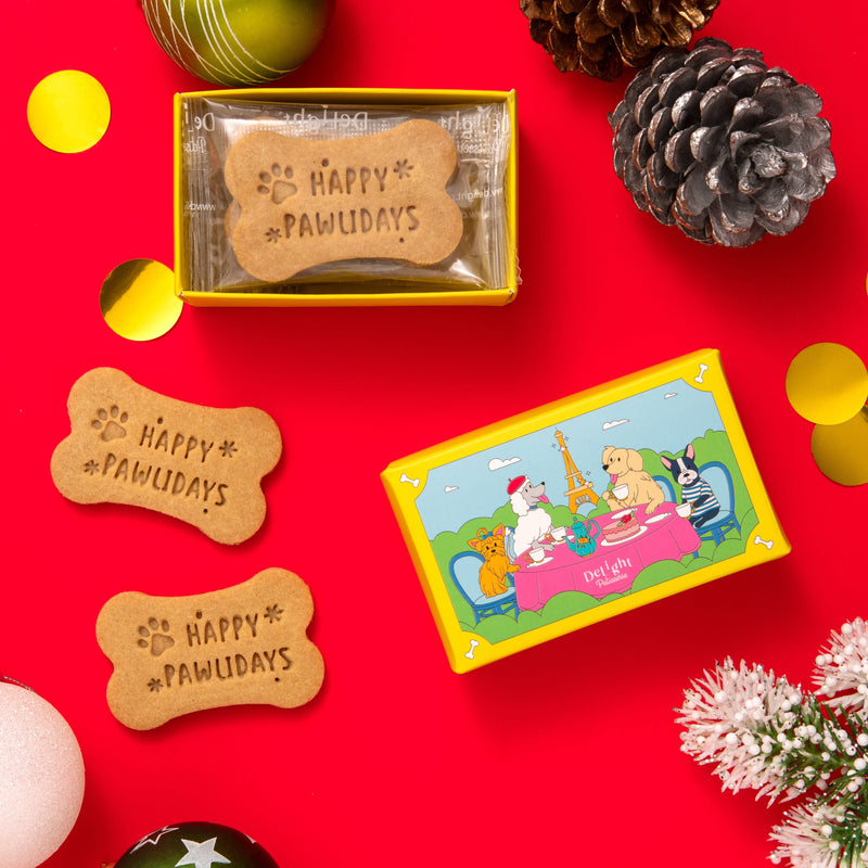 HAPPY PAWLIDAYS dog biscuit gift box - 4 festive treats stamped with holiday message for dogs and dog lovers