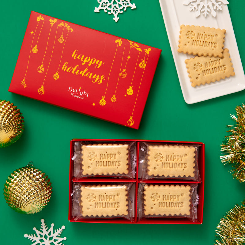 Happy Holidays shortbread cookies in red Christmas gift box