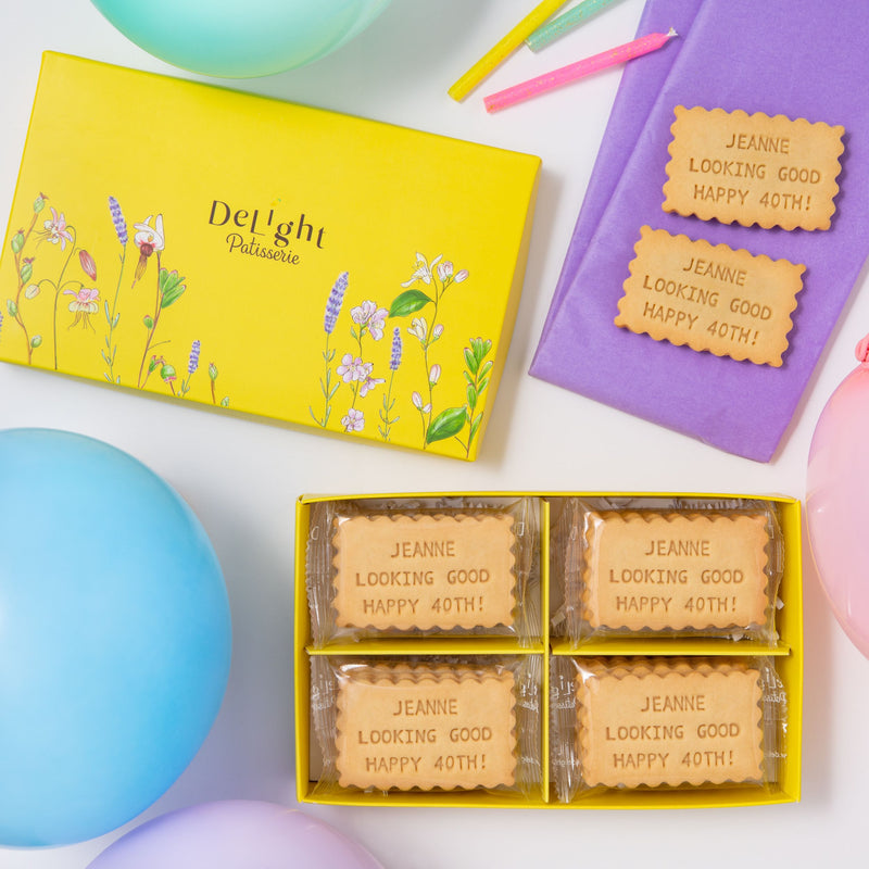 Custom message shortbread cookies in elegant yellow floral gift box for birthday gift