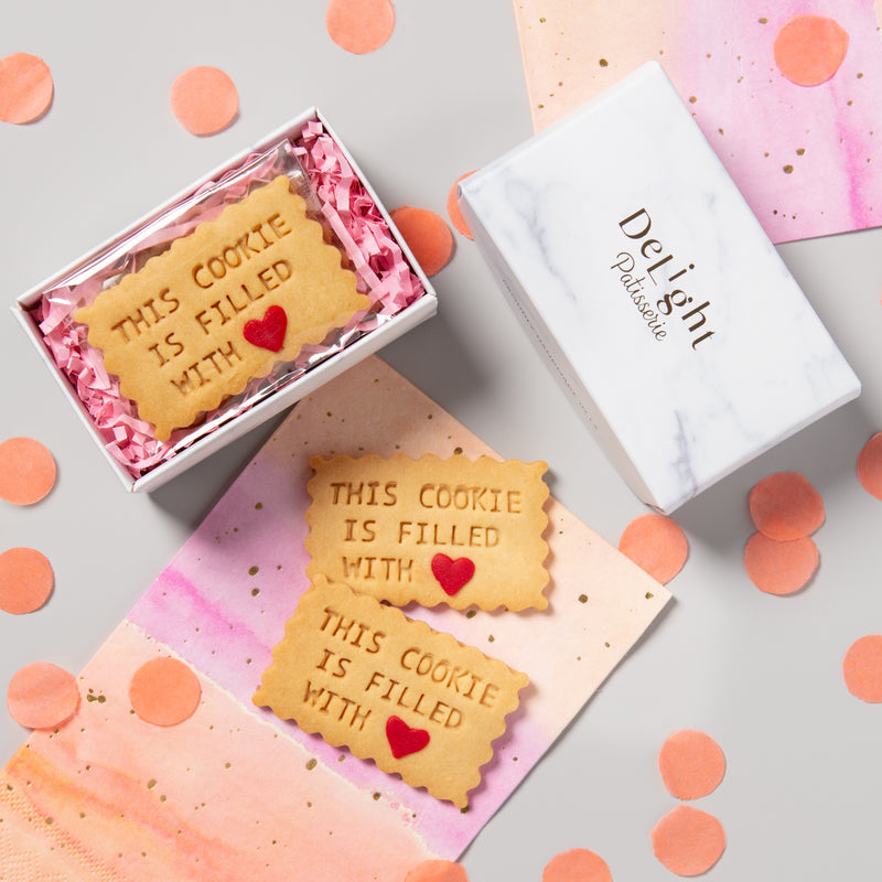 Filled With Love mini shortbread cookie gift box with 6 handmade cookies stamped with This Cookie is Filled With Heart message in white marble box