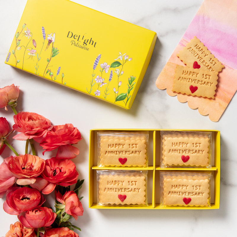 Custom message shortbread cookies in elegant yellow floral gift box for anniversary