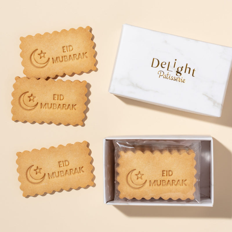 Eid Mubarak mini shortbread cookie gift box with 6 handmade cookies stamped with Eid Mubarak greeting