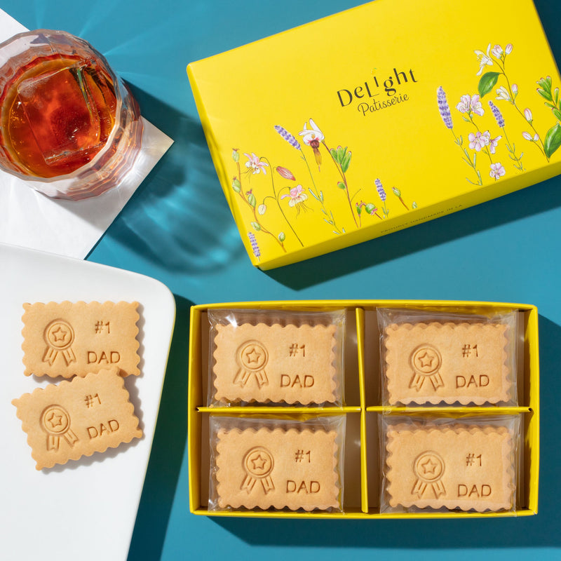 Father's Day shortbread gift box with No 1 Dad cookies- gifts & party favors to celebrate Dad.
