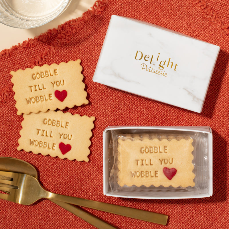 Mini Thanksgiving shortbread cookies with fun gobble message - holiday hostess gift