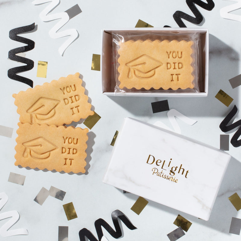 Graduation shortbread mini gift box with You Did It cookies and cap design in white marble packaging