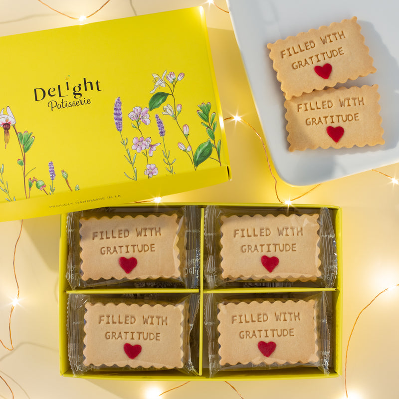Filled With Gratitude message shortbread cookies in yellow floral gift box - appreciation gift