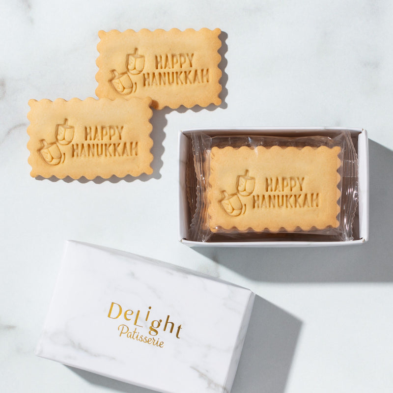 Happy Hanukkah Mini Shortbread Gift Box - 6 cookies stamped with dreidel & "Happy Hanukkah". Perfect party favors & small gifts, packed in marble packaging