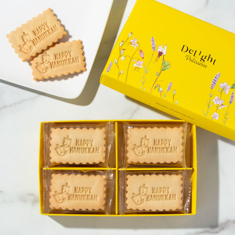 Happy Hanukkah Shortbread Gift Box - 16 cookies stamped with dreidel & "Happy Hanukkah" in floral box. Perfect Hanukkah gifts, party favors & Jewish holiday gift