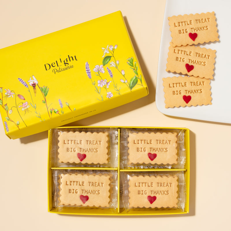 Little Treat Big Thanks message shortbread cookies in yellow floral gift box - thank you gift
