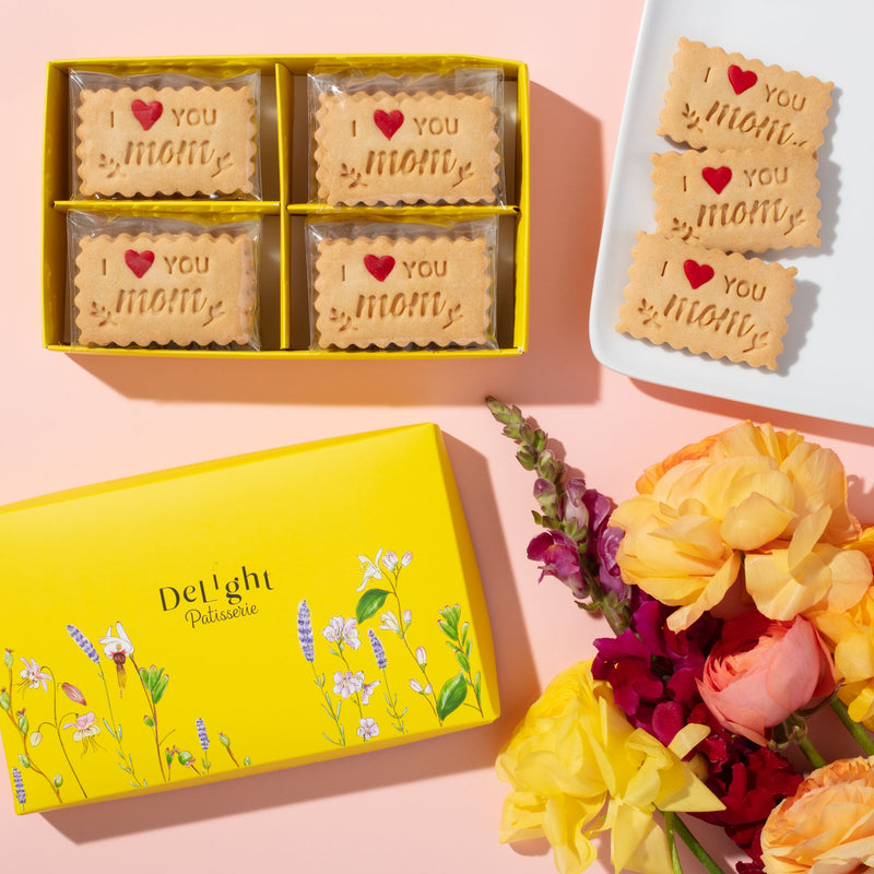 I Love You Mom shortbread cookies in yellow Mother's Day gift box with red heart sprinkles 
