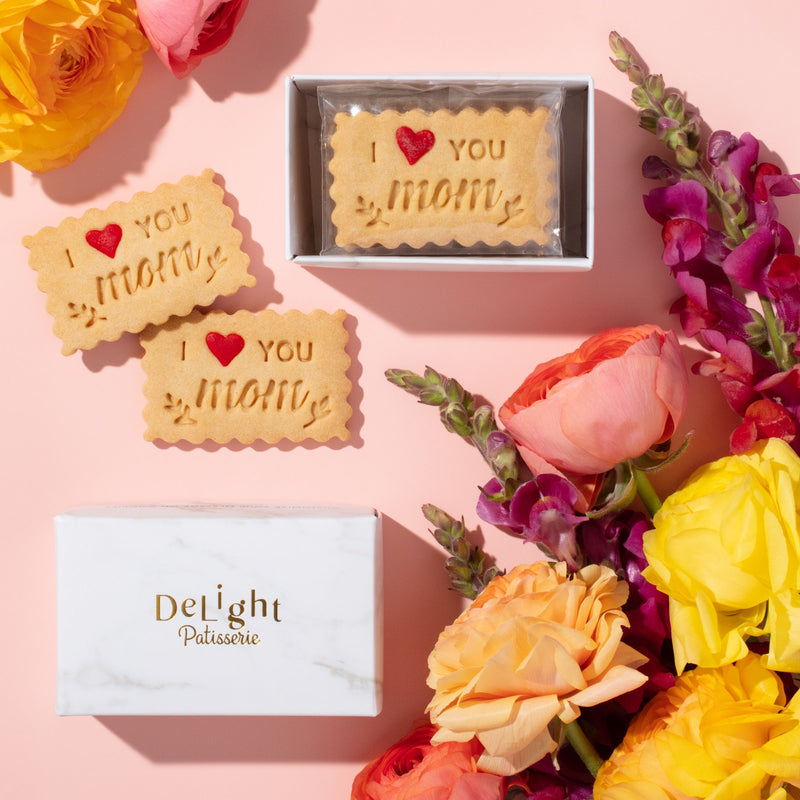 I Love You Mom shortbread cookies in Mother's Day mini gift box with red heart sprinkles