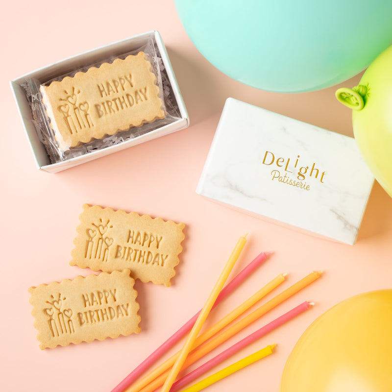 Birthday shortbread mini gift box with Happy Birthday cookies in white marble packaging