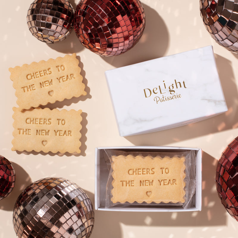 New Year mini shortbread gift box - 6 Cheers to the New Year stamped cookies in marble packaging
