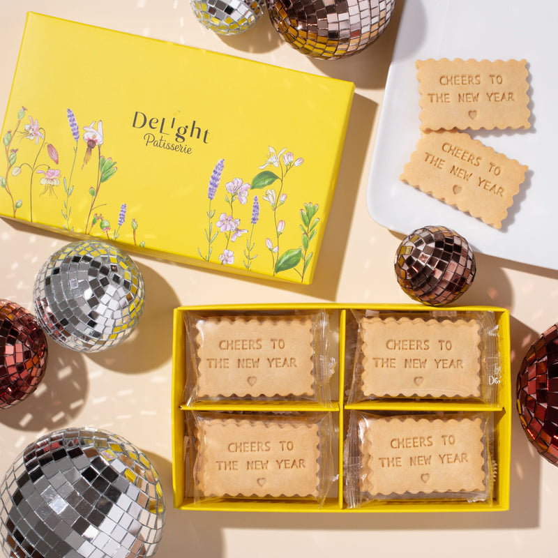 New Year shortbread cookies in floral gift box - Cheers to the New Year stamped cookies