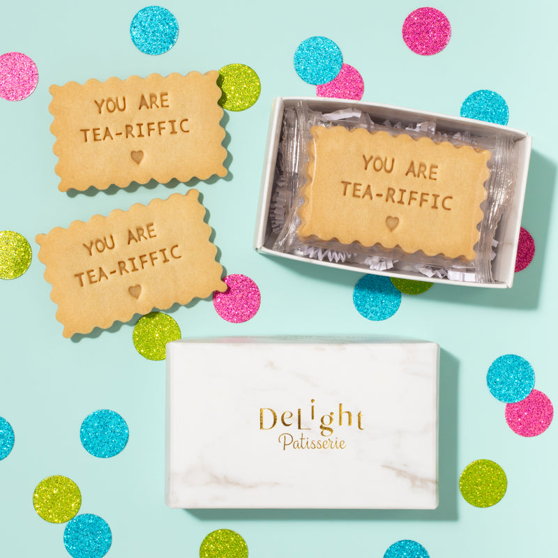 You Are Tea-Riffic mini shortbread cookie gift box with 6 handmade cookies in white marble box