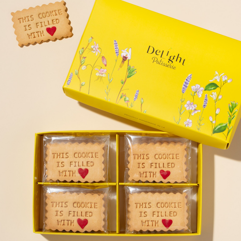 Filled With Love shortbread cookie gift box with 16 handmade cookies stamped with This Cookie is Filled With Heart message