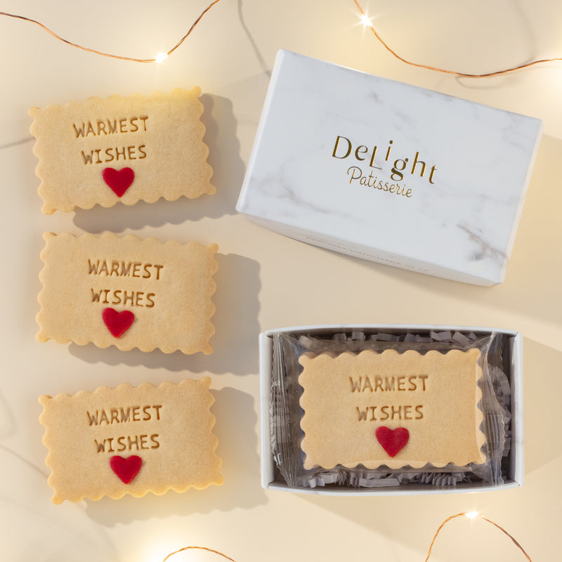 Warmest Wishes mini shortbread cookies in marble gift box - 6 handcrafted cookies with red sprinkles and stamped message for holidays, party favors