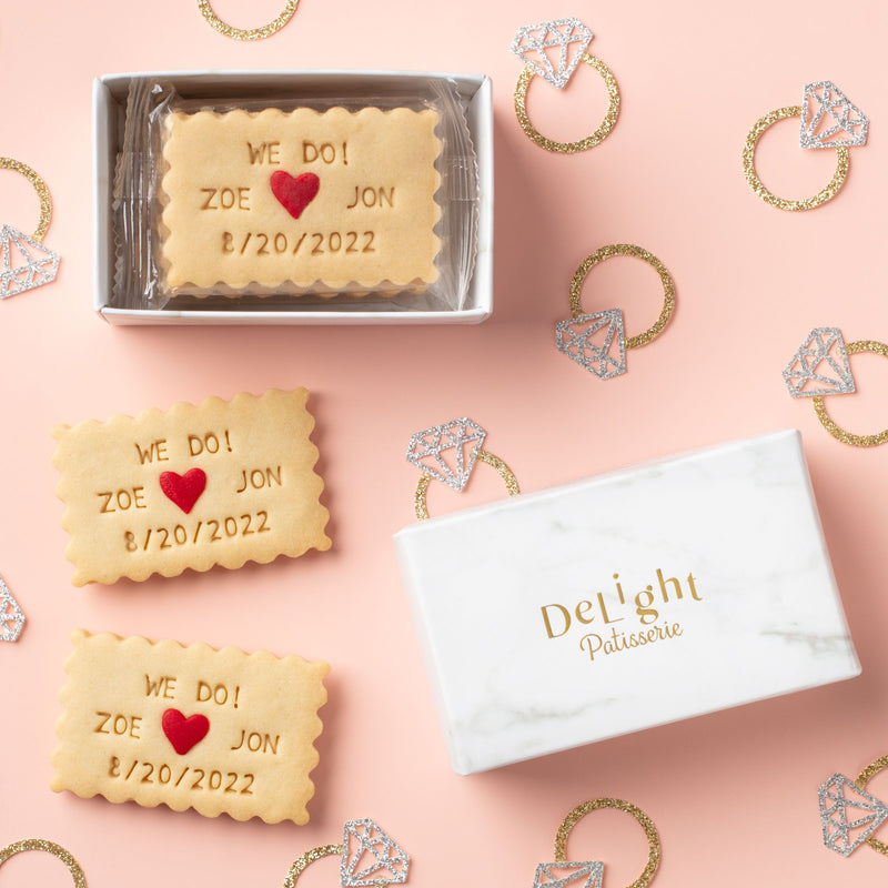 Custom wedding favor shortbread cookies with names and date in marble mini box